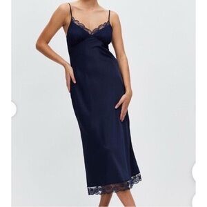 Abercrombie & Fitch Navy Lace Satin Maxi Midi Dress Small Tall Slip Strap NWT